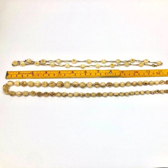 Vintage Cabbage Rose Bone Boho Necklace Set (2) Silk Knotted - Picture 9 of 11